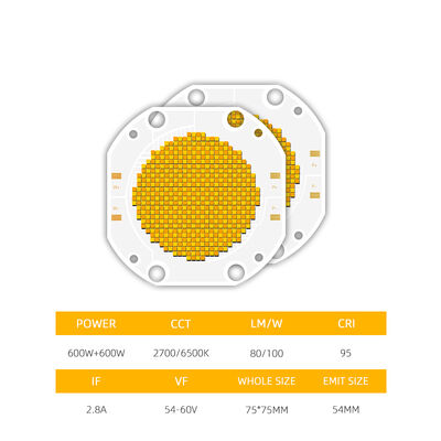600W+600W द्विरंगी COB एलईडी चिप CCT COB 7575 सीरीज ट्यून करने योग्य COB एलईडी चिप फोटोग्राफिक लाइट्स डिममेबल व्हाइट कलर CRI95 10A