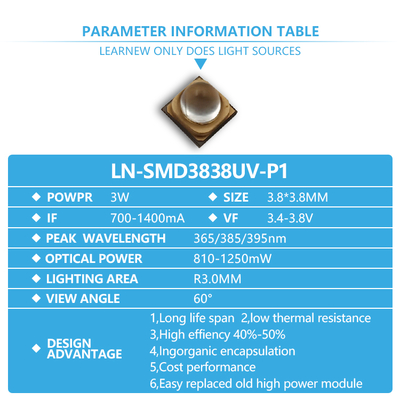 3W यूवीए एलईडी चिप 365nm तरंग दैर्ध्य 3.8x3.8mm आकार